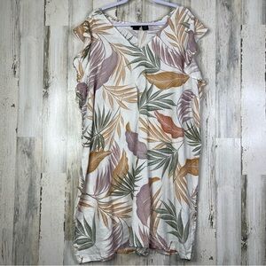 Tahari 100% Linen Dress Plus Size‎ 2X Multi Leaf Art Summer Sundress Resort